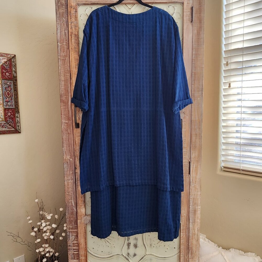 Yasuko Kurisaka Cotton Layered Textured Blue Kaftan Tunic Dress w/pockets